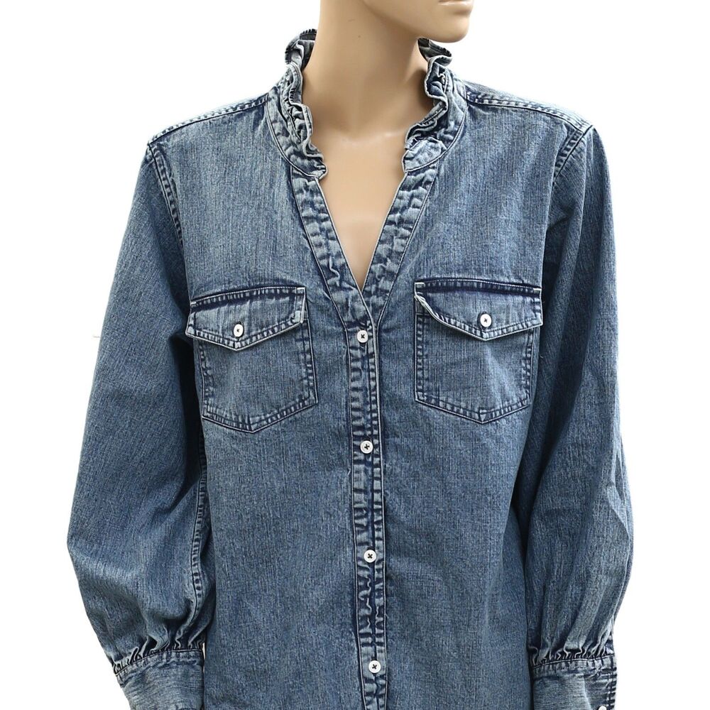 Kerri Rosenthal Puff Sleeve Denim Shirt Top Buttondown Ruffle V-Neck XL 285060 - Picture 8 of 13